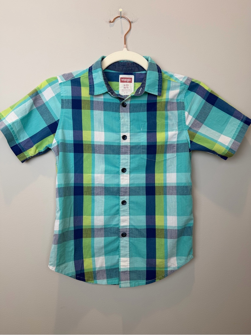 Wrangler Boys Plaid Button Down Shirt Size 6/7 Turquoise Blue Green